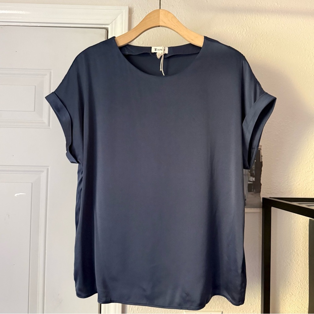 LILYSILK Blue Mulberry Silk Short Sleeve cropped boxy shirt top - L